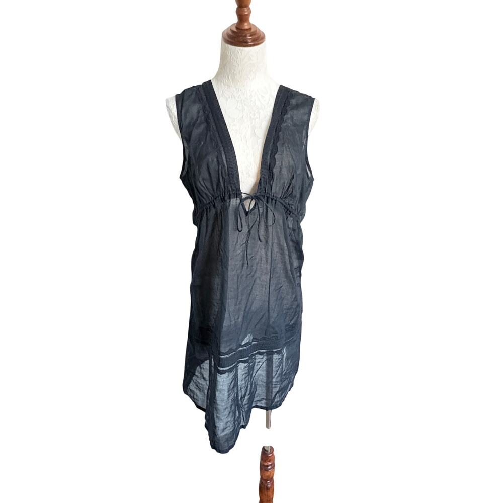 Banana Republic sheer cotton tunic dress black sleeveless vixen boho womens L - Picture 2 of 8